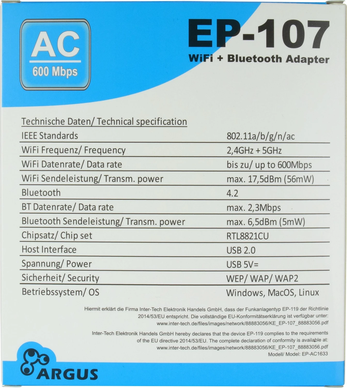 Argus EP-107 WiFi 5, BT 4.2 USB Adapter