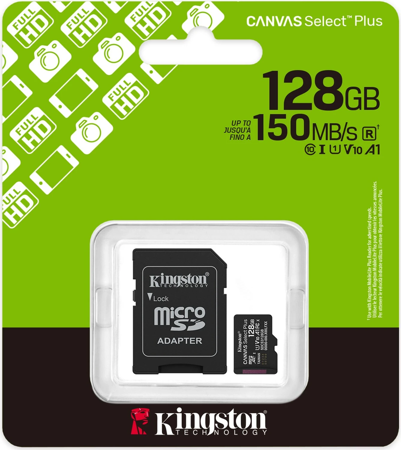 128GB Kingston Canvas Select Plus Gen3 R150 microSDXC Kit, UHS-I U1, A1, Class 10