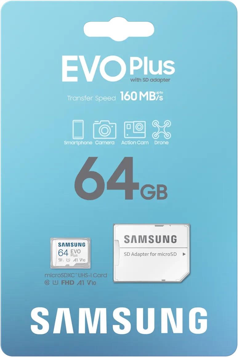 64GB Samsung EVO Plus 2024 R160 microSDXC Kit, UHS-I U1, A1, Class 10
