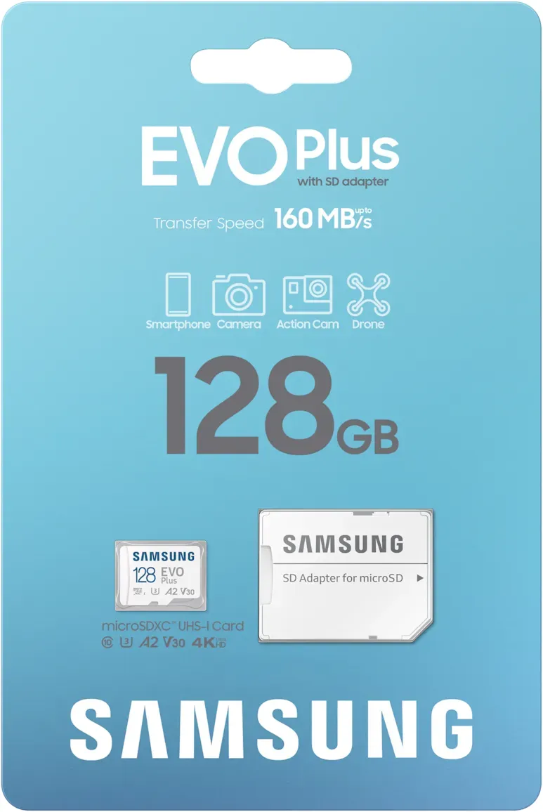 128GB Samsung EVO Plus 2024 R160 microSDXC Kit , UHS-I U3, A2, Class 10
