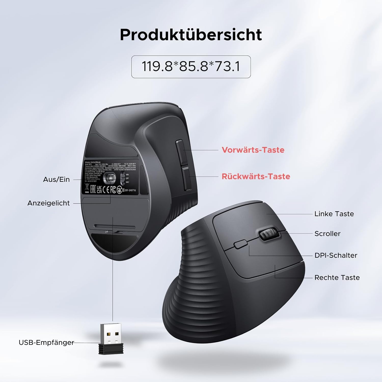 UGREEN 2.4G Maus Kabellos Vertikale Ergonomische Maus