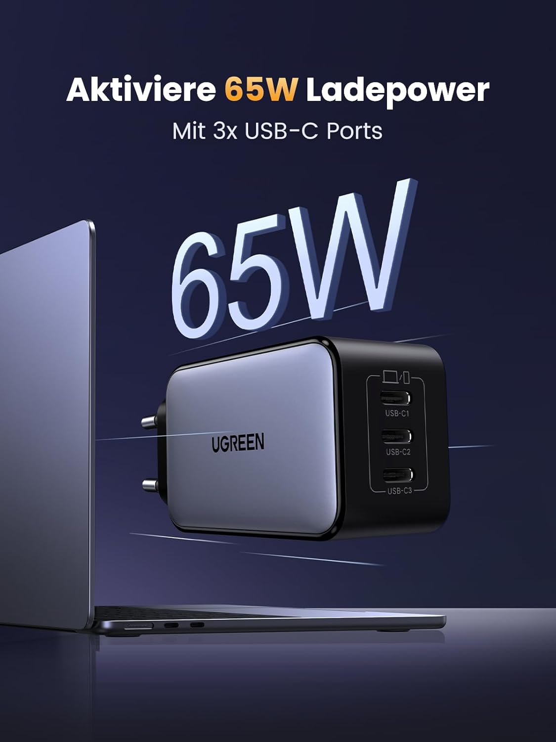 UGREEN Nexode USB C Ladegerät 65W GaN Netzteil mit 3X USB-C-Port Schnellladegerät