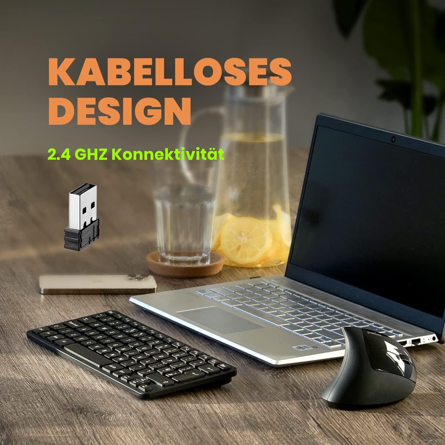 Perixx Periboard-732 Wireless Mini Keyboard, schwarz, LEDs weiß, USB, DE